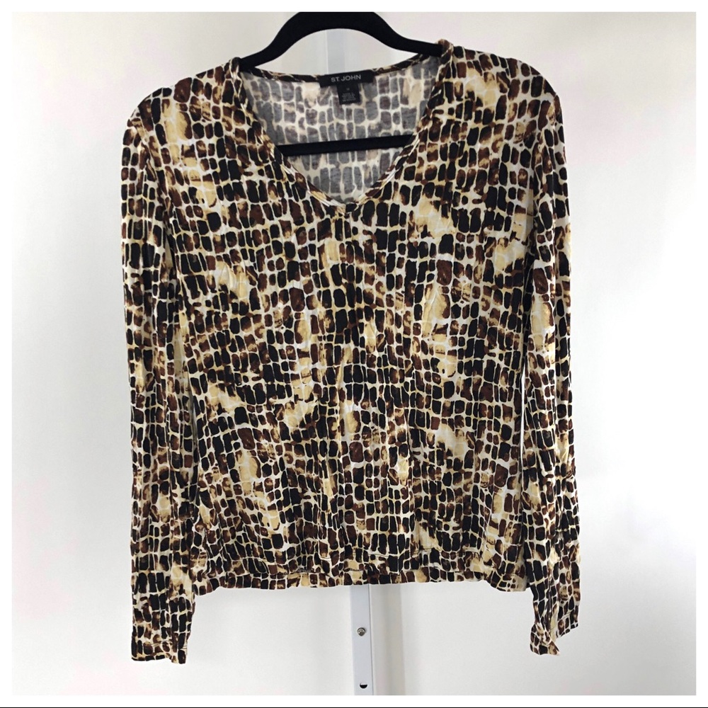 St John Brown Animal Print V-neck Top M - Picture 2 of 8